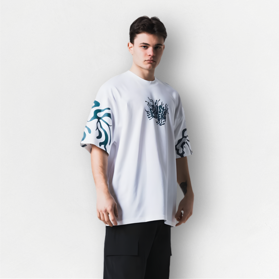 Beyaz Dust Biters Baskılı Unisex Oversize Tişört