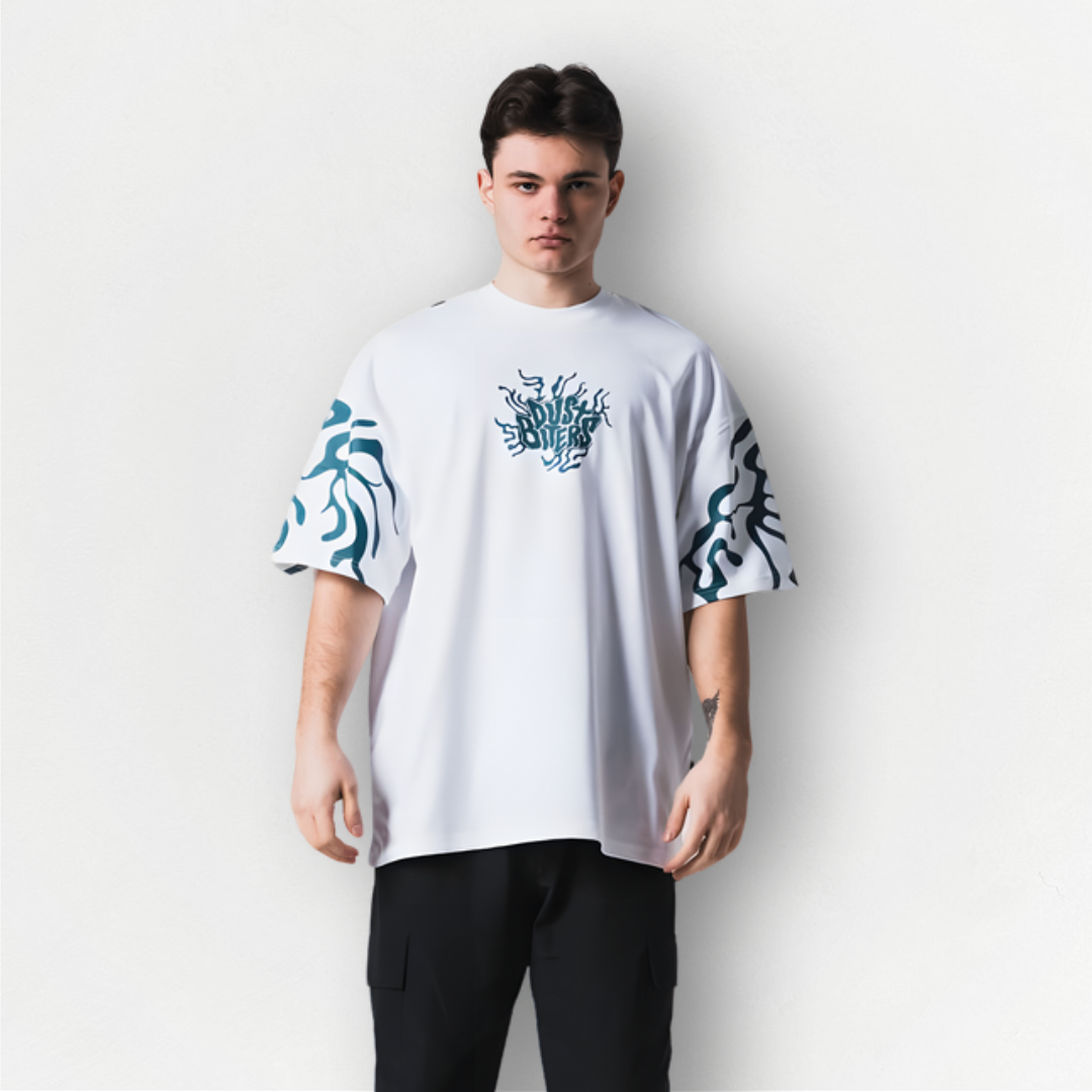 Beyaz Dust Biters Baskılı Unisex Oversize Tişört