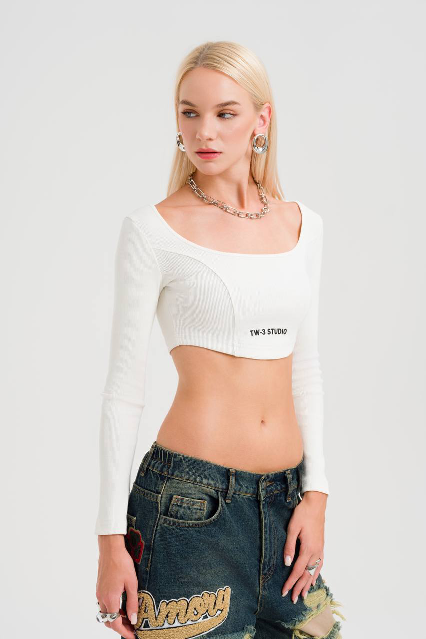 Beyaz Uzun Kollu TW-3 Premium Crop-Top