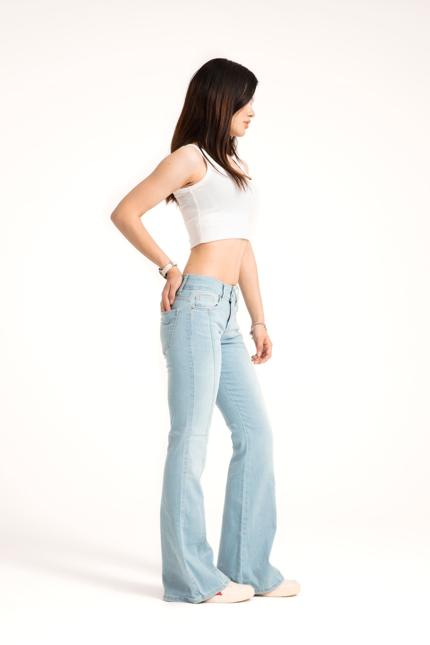 Buz Mavi Orta Bel Flare Jean