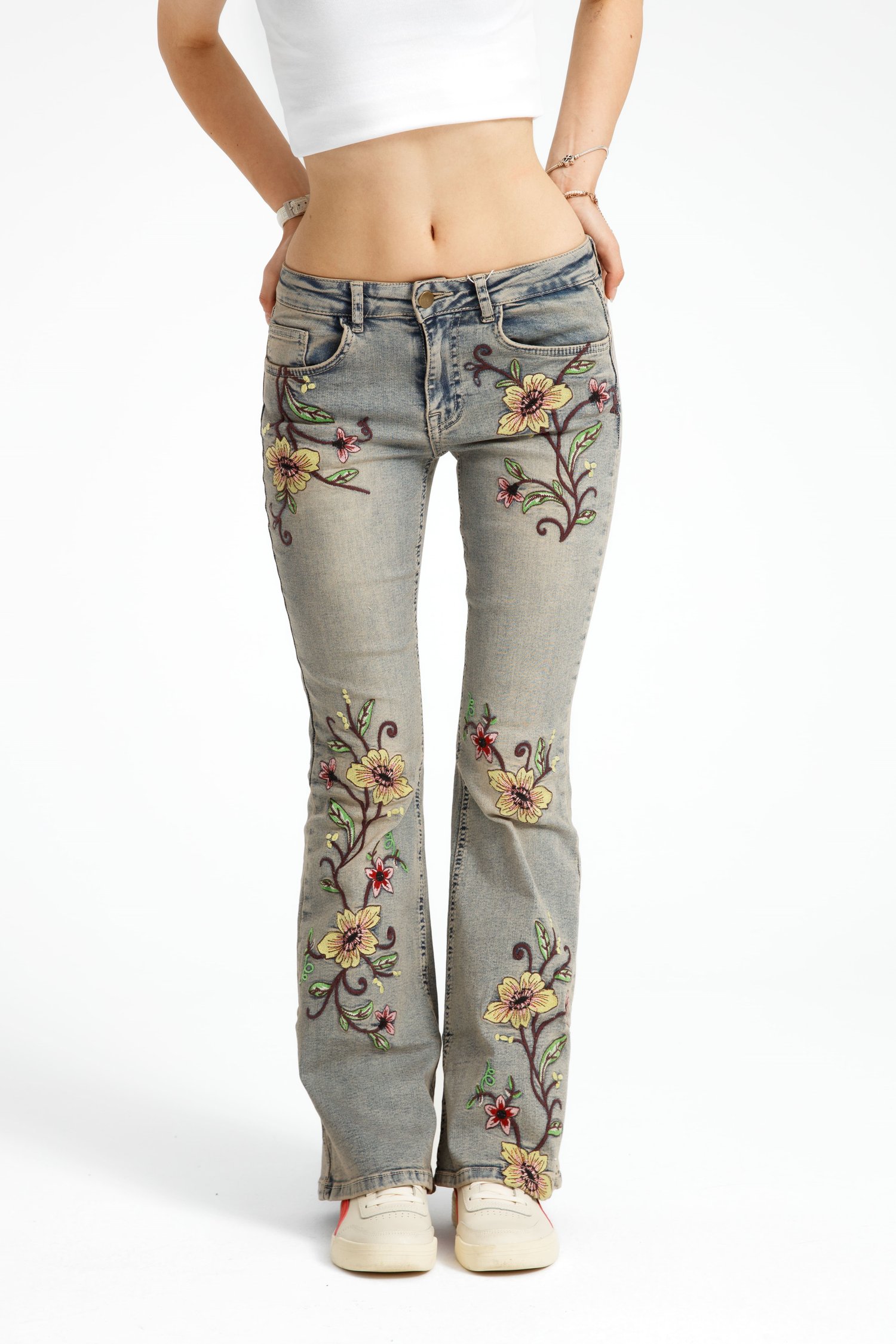 Çiçek Desenli Flare Jean