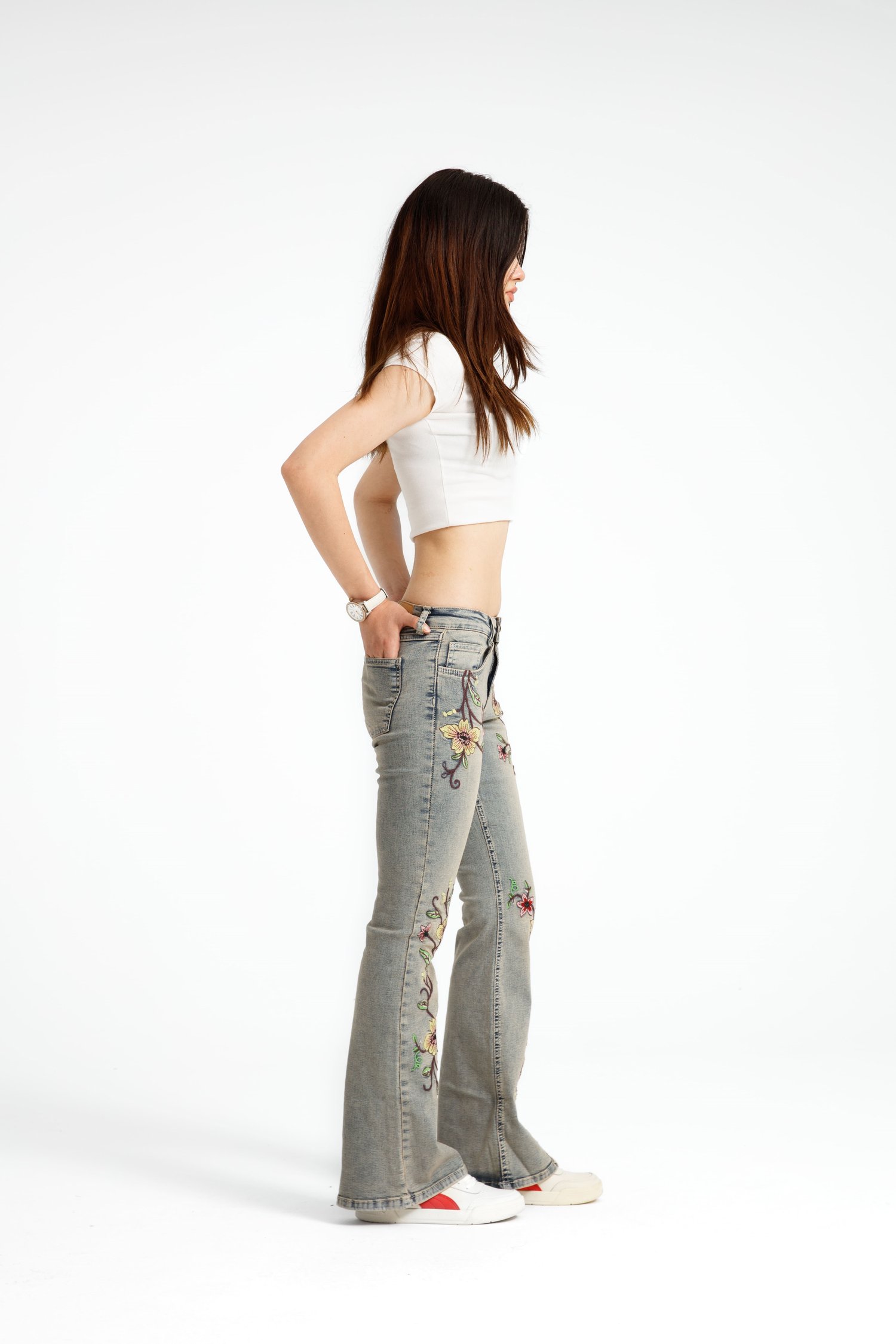 Çiçek Desenli Flare Jean