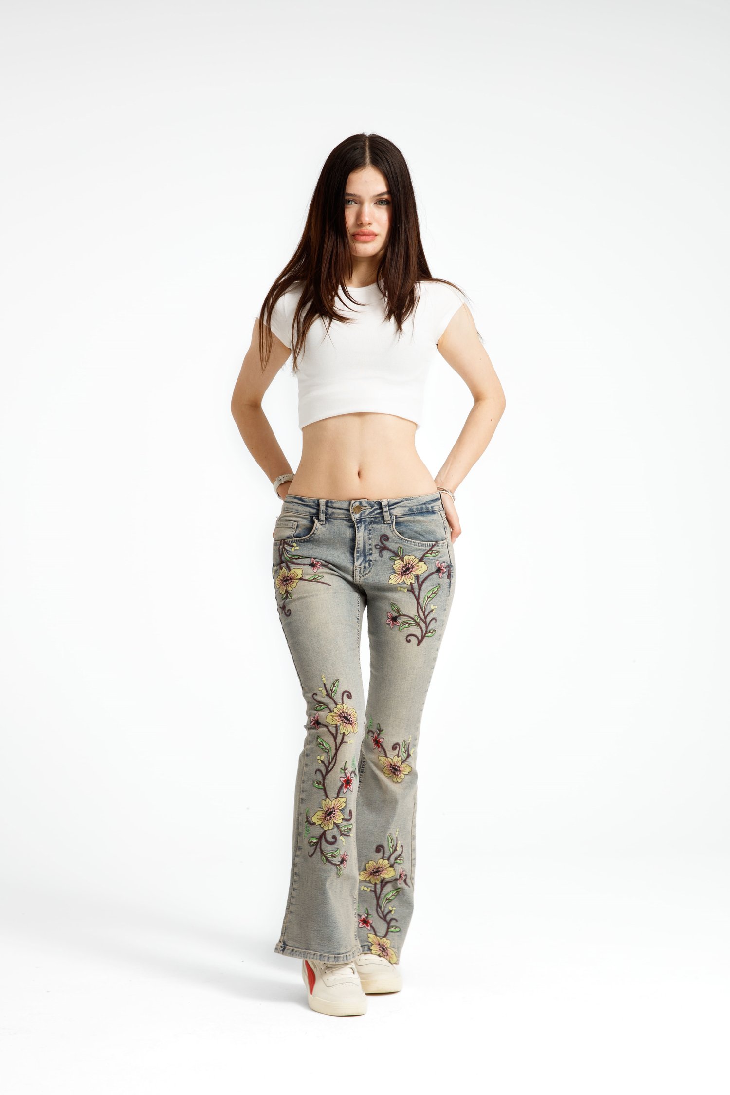 Çiçek Desenli Flare Jean