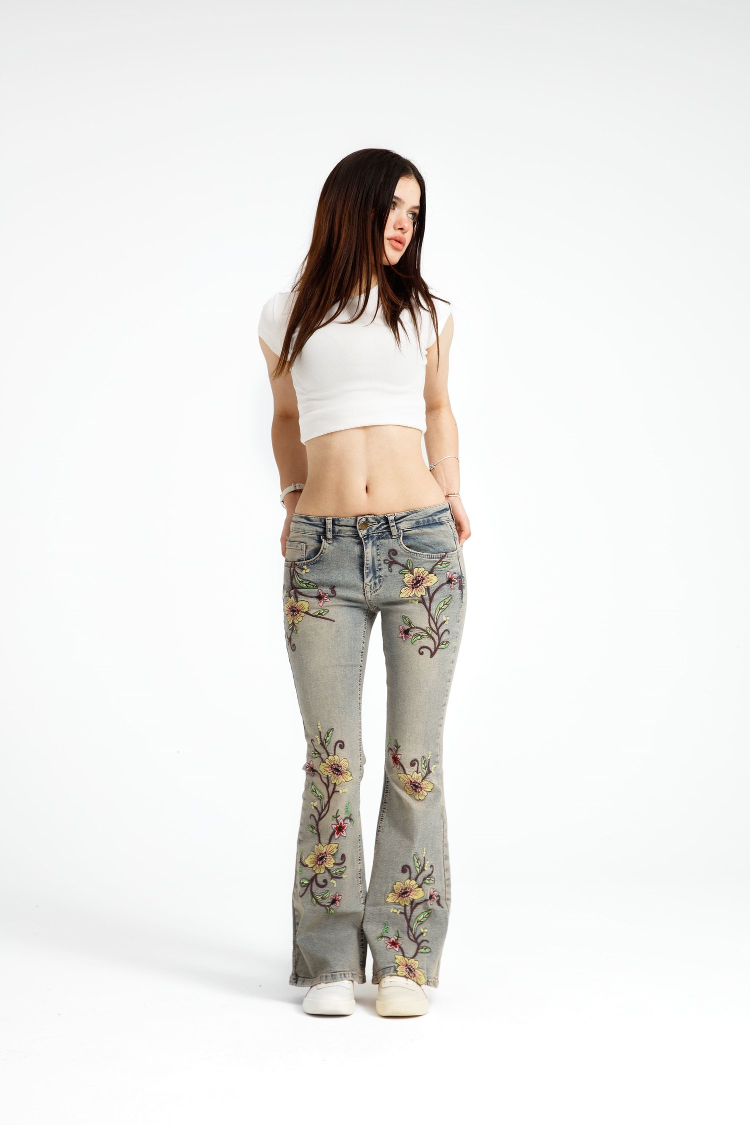 Çiçek Desenli Flare Jean