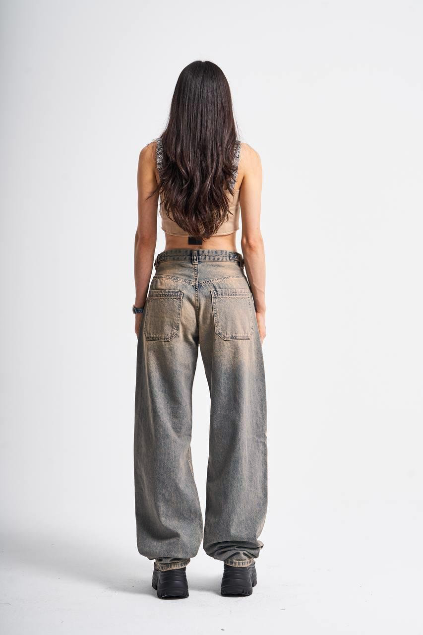 Eskitme Yırtıklı Kemer Detay Wide Leg Jean