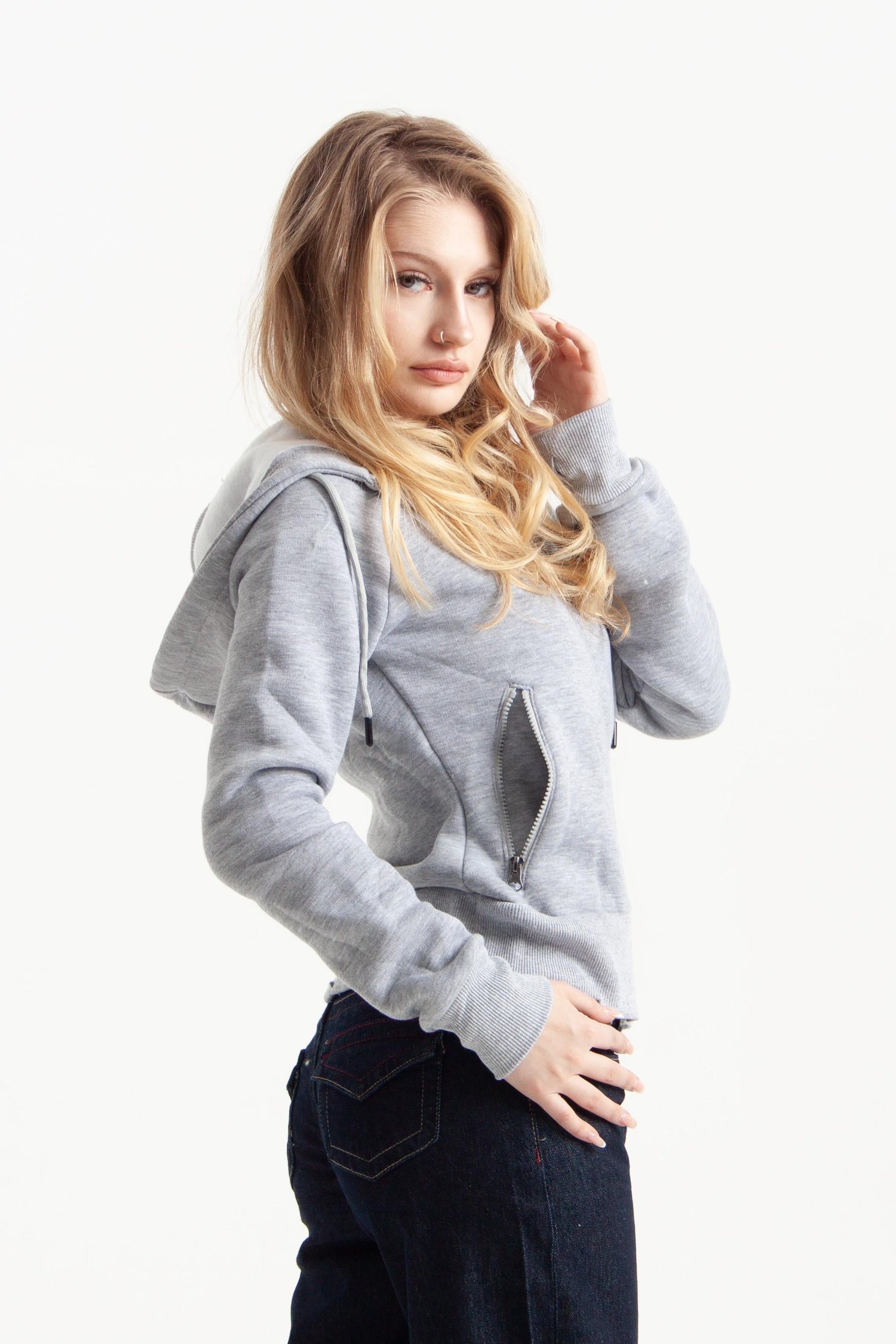 Gri Vücuda Oturan Kışlık Zip-Hoodie