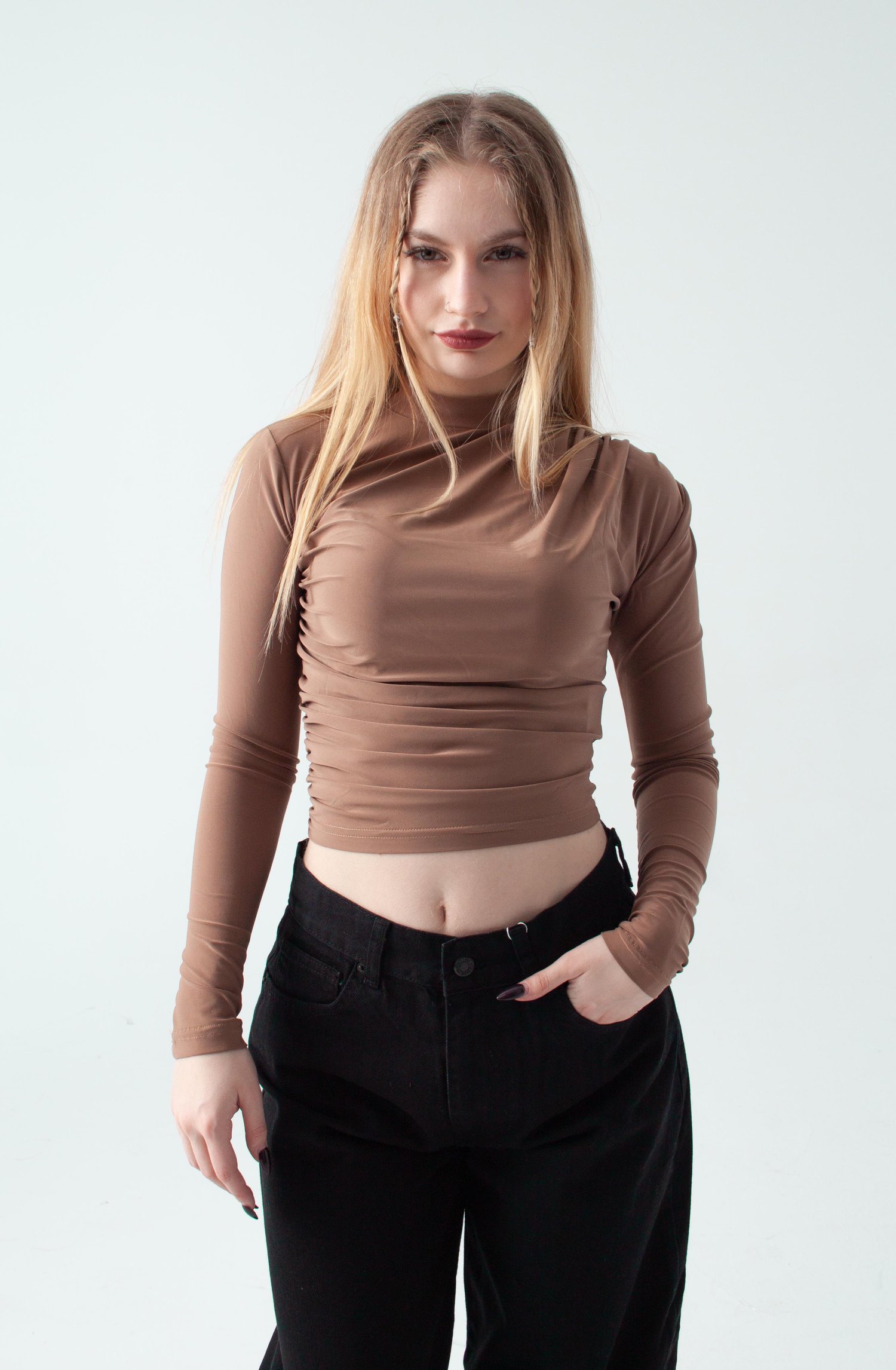 Kahverengi Uzun Kollu Slim Bluz