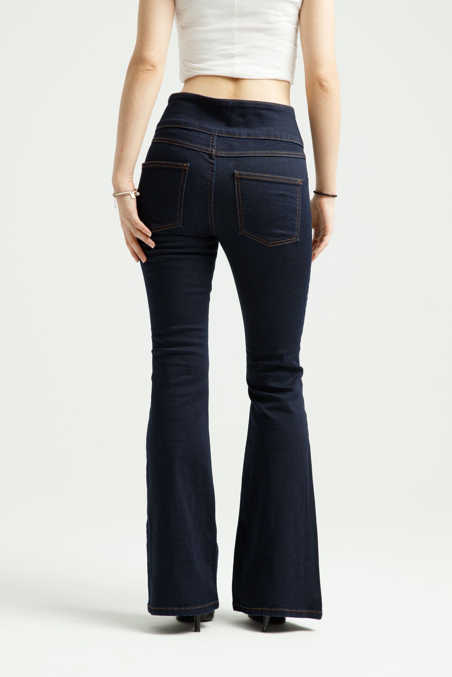 Koyu İndigo Çift Düğmeli Flare Jean