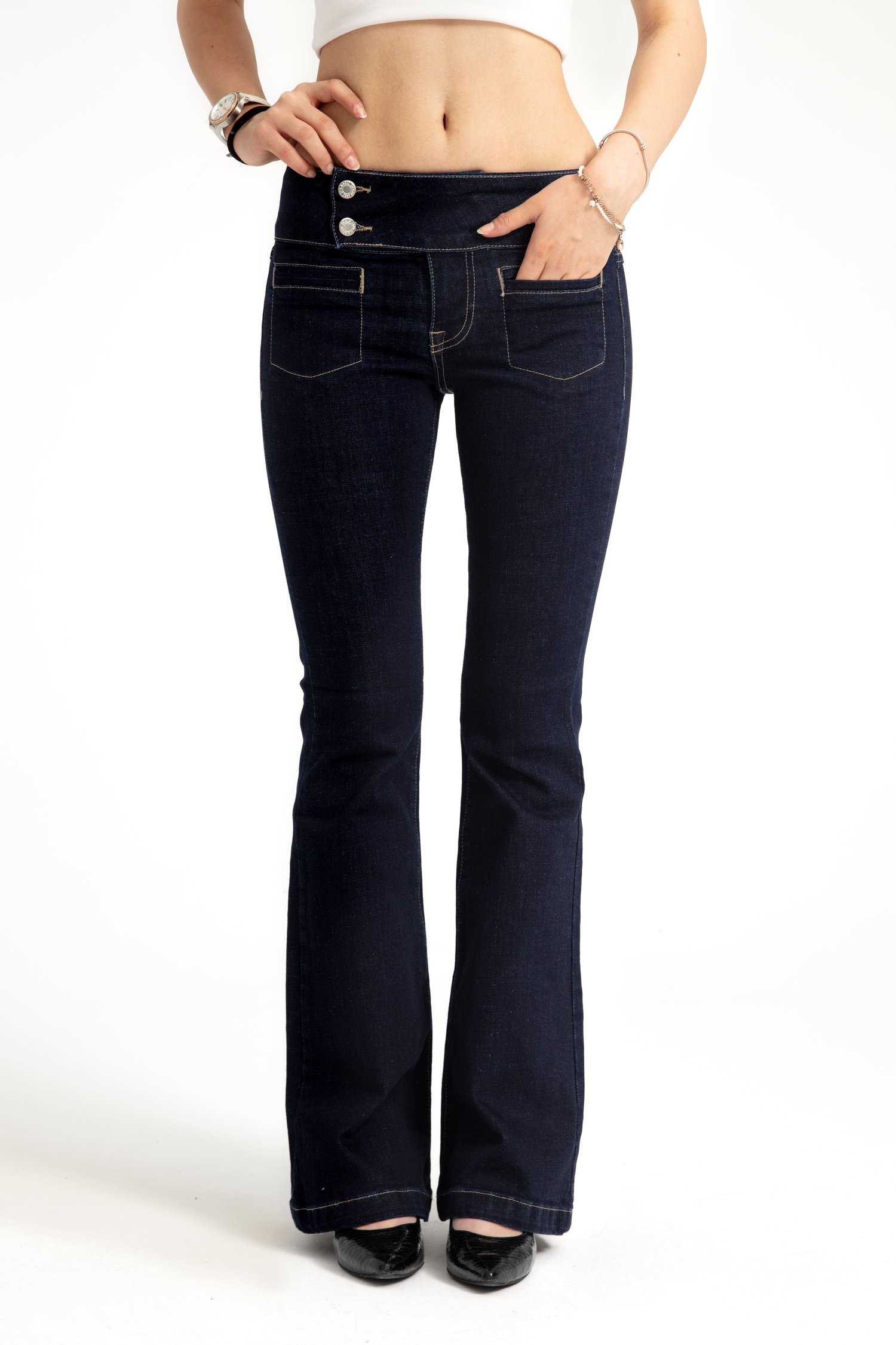 Koyu İndigo Orta Bel Flare Jean