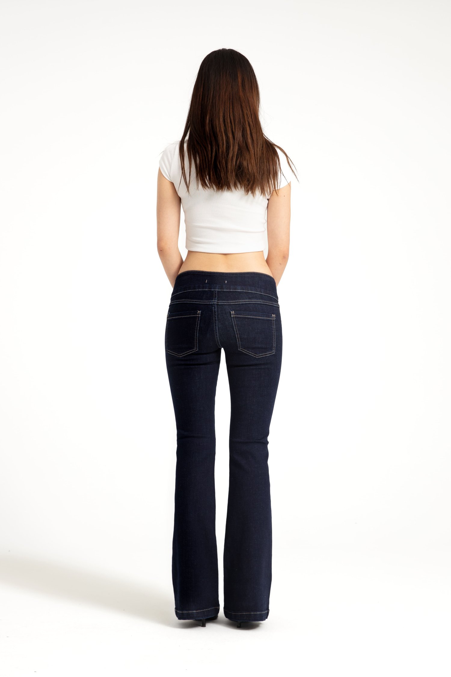 Koyu İndigo Orta Bel Flare Jean