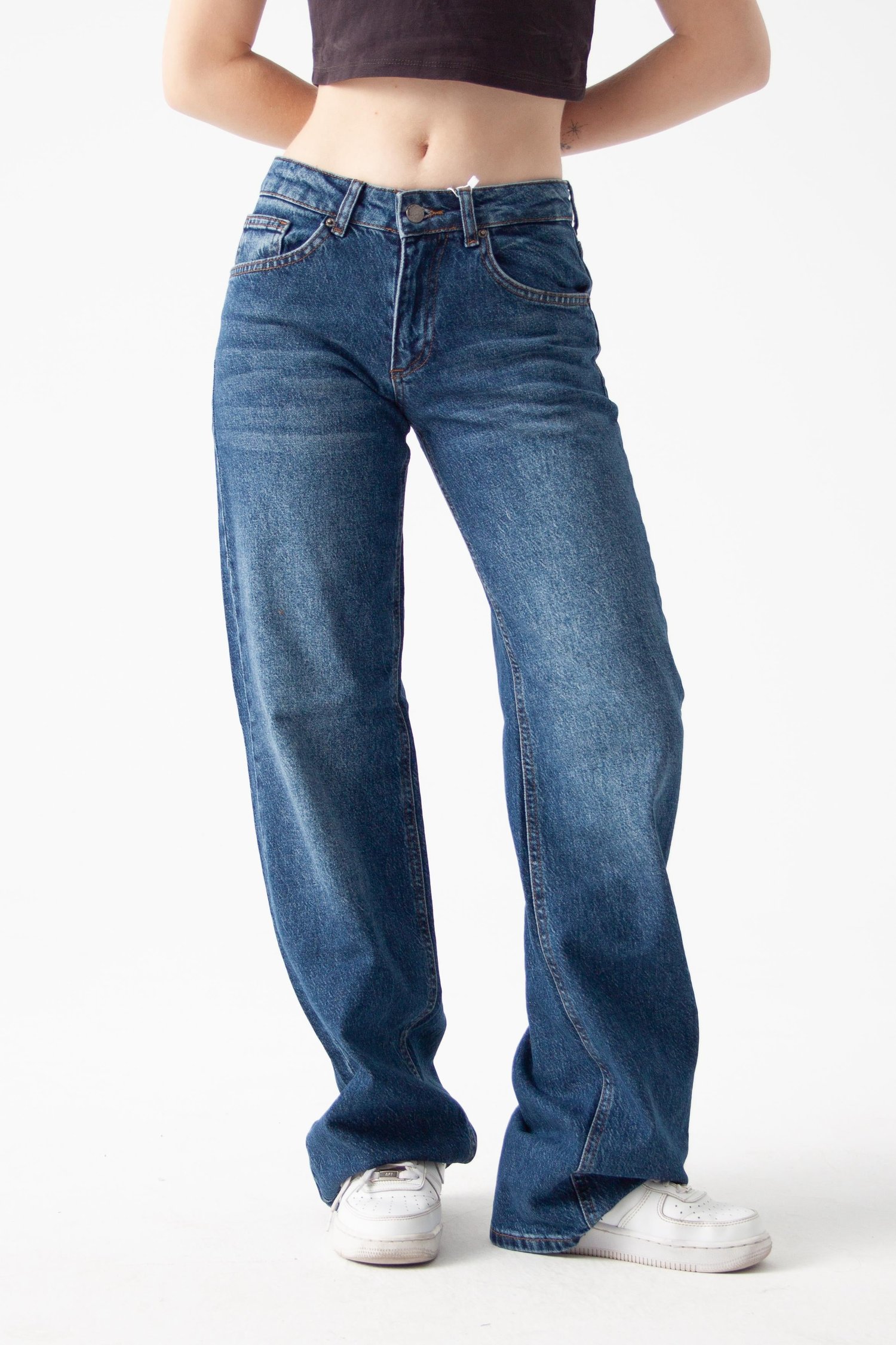 Koyu Mavi Orta Bel Straight Jean