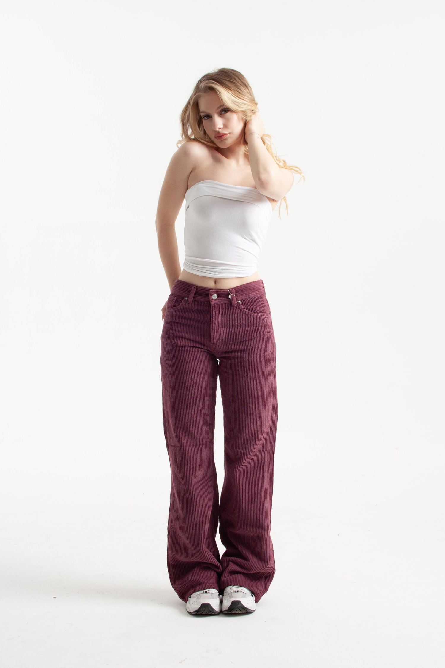 Koyu Mürdüm Kadife Kumaş Straight Jean