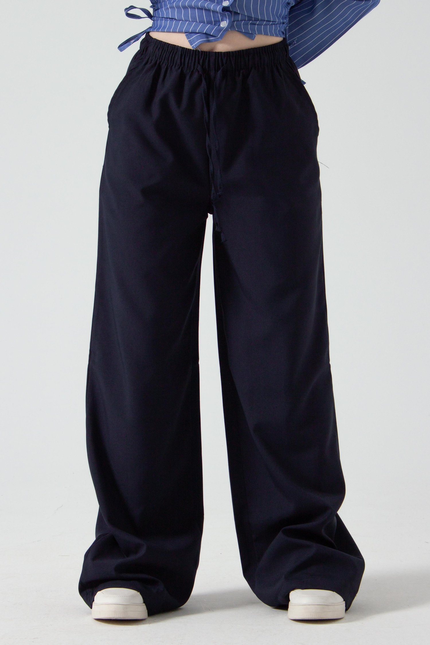 Lacivert Beli Lastikli Bol Paça Pantolon