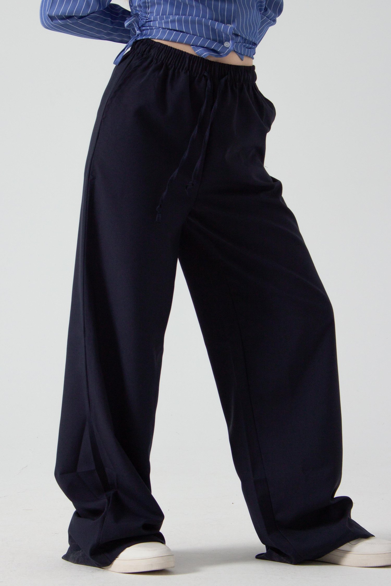 Lacivert Beli Lastikli Bol Paça Pantolon