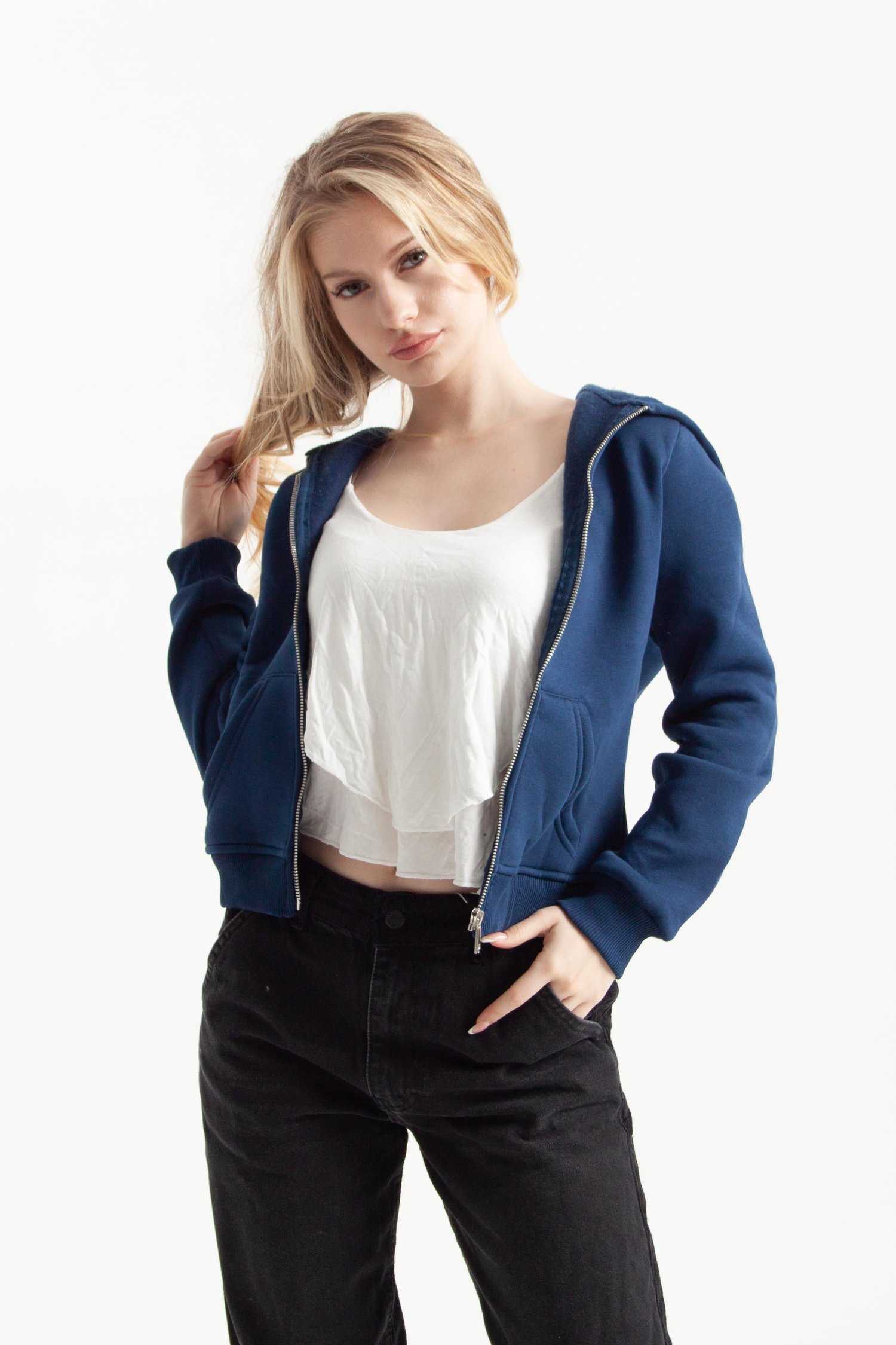 Lacivert Retro-Fit Vücuda Oturan Zip-Hoodie