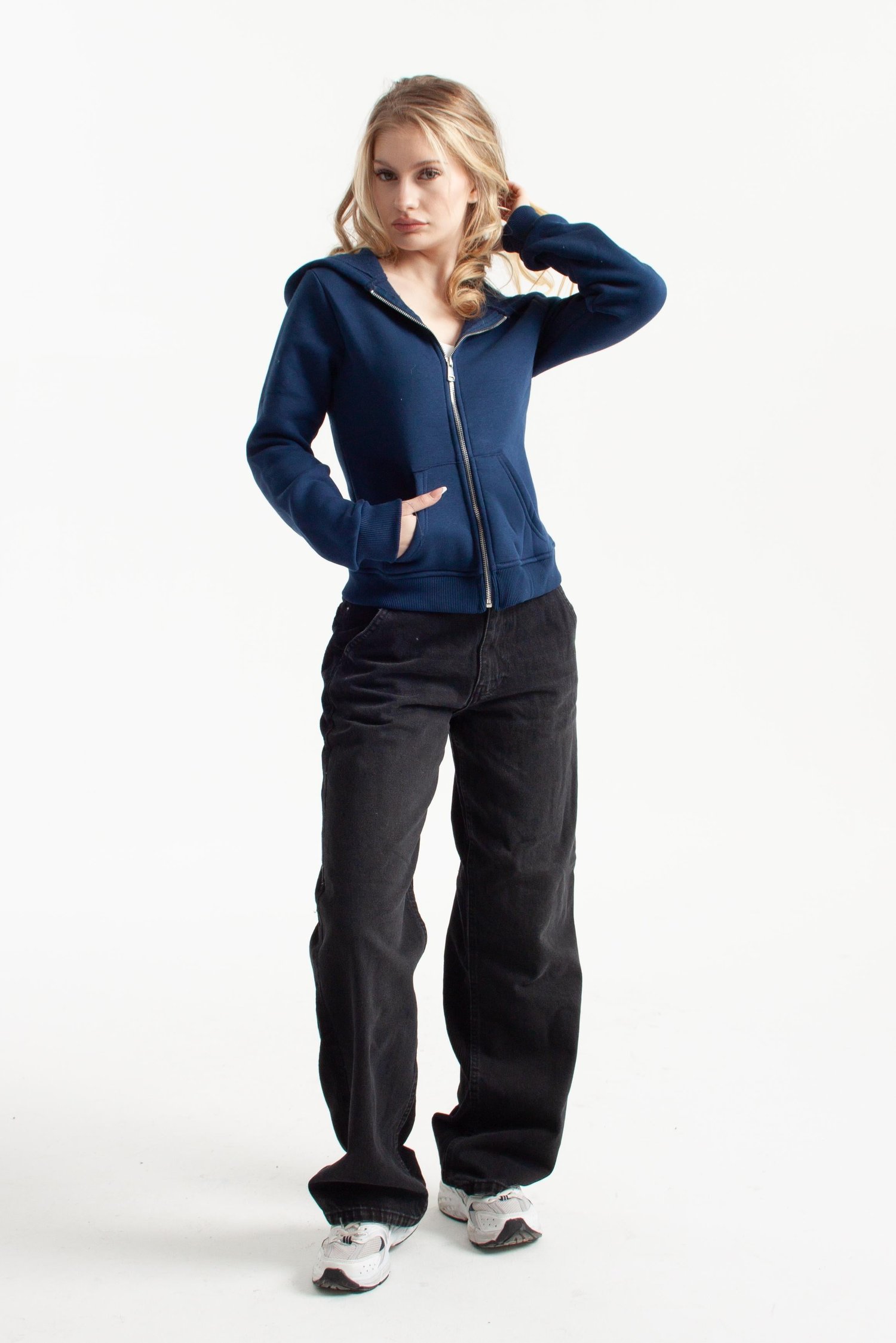 Lacivert Retro-Fit Vücuda Oturan Zip-Hoodie