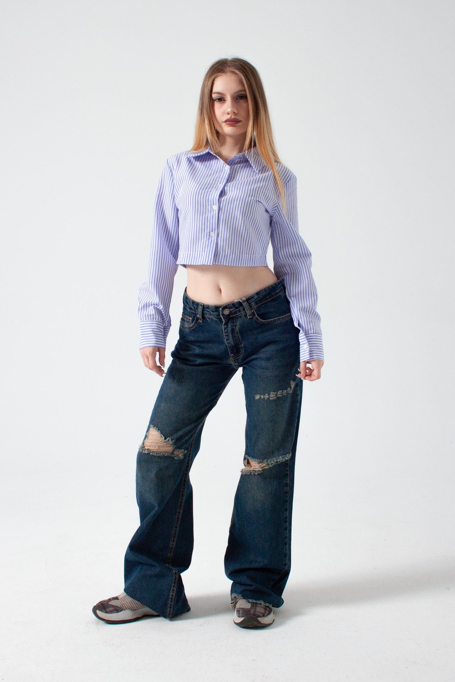 Mavi Yırtıklı Baggy Flare Jean