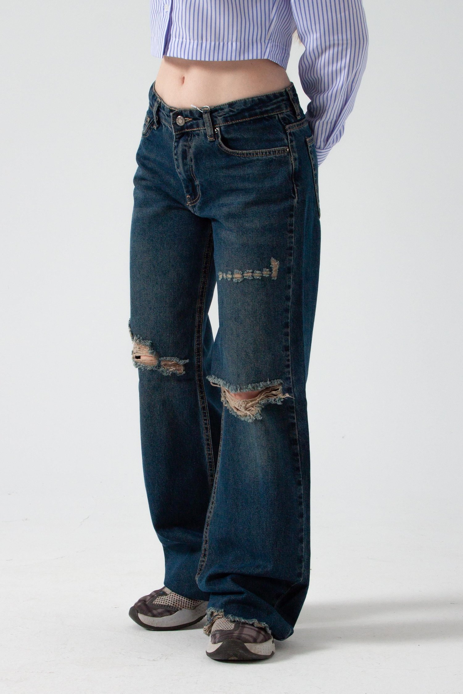 Mavi Yırtıklı Baggy Flare Jean