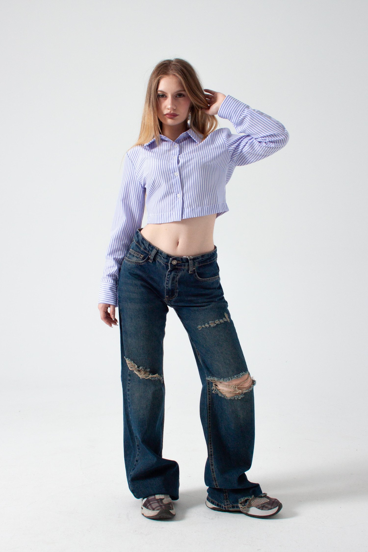Mavi Yırtıklı Baggy Flare Jean