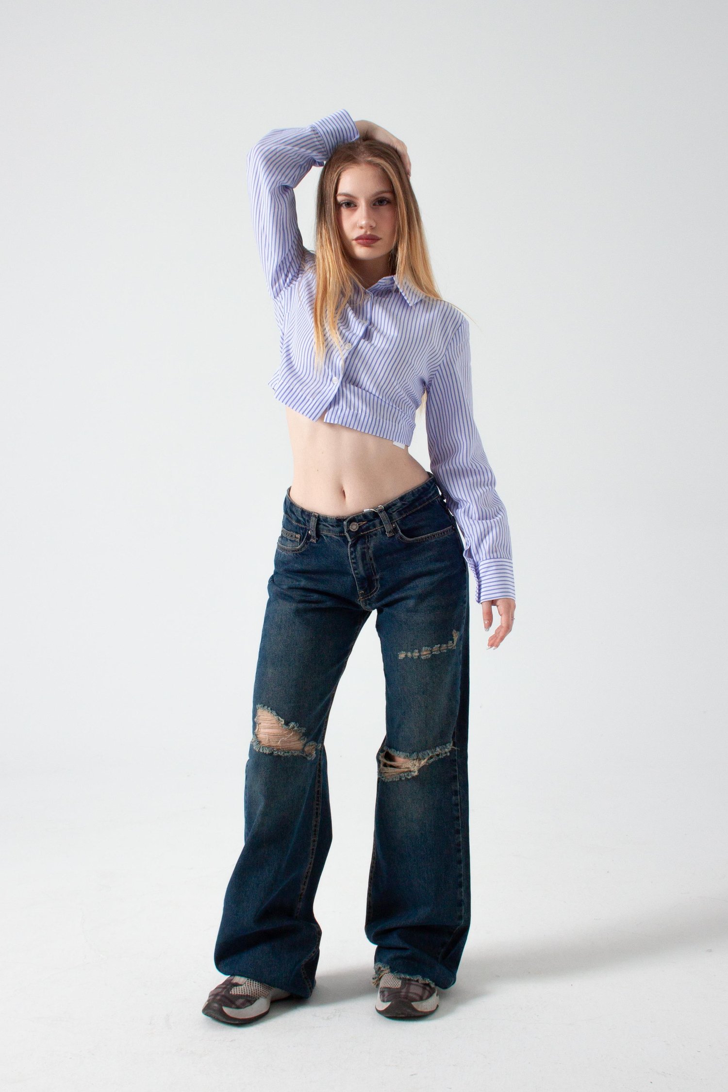 Mavi Yırtıklı Baggy Flare Jean