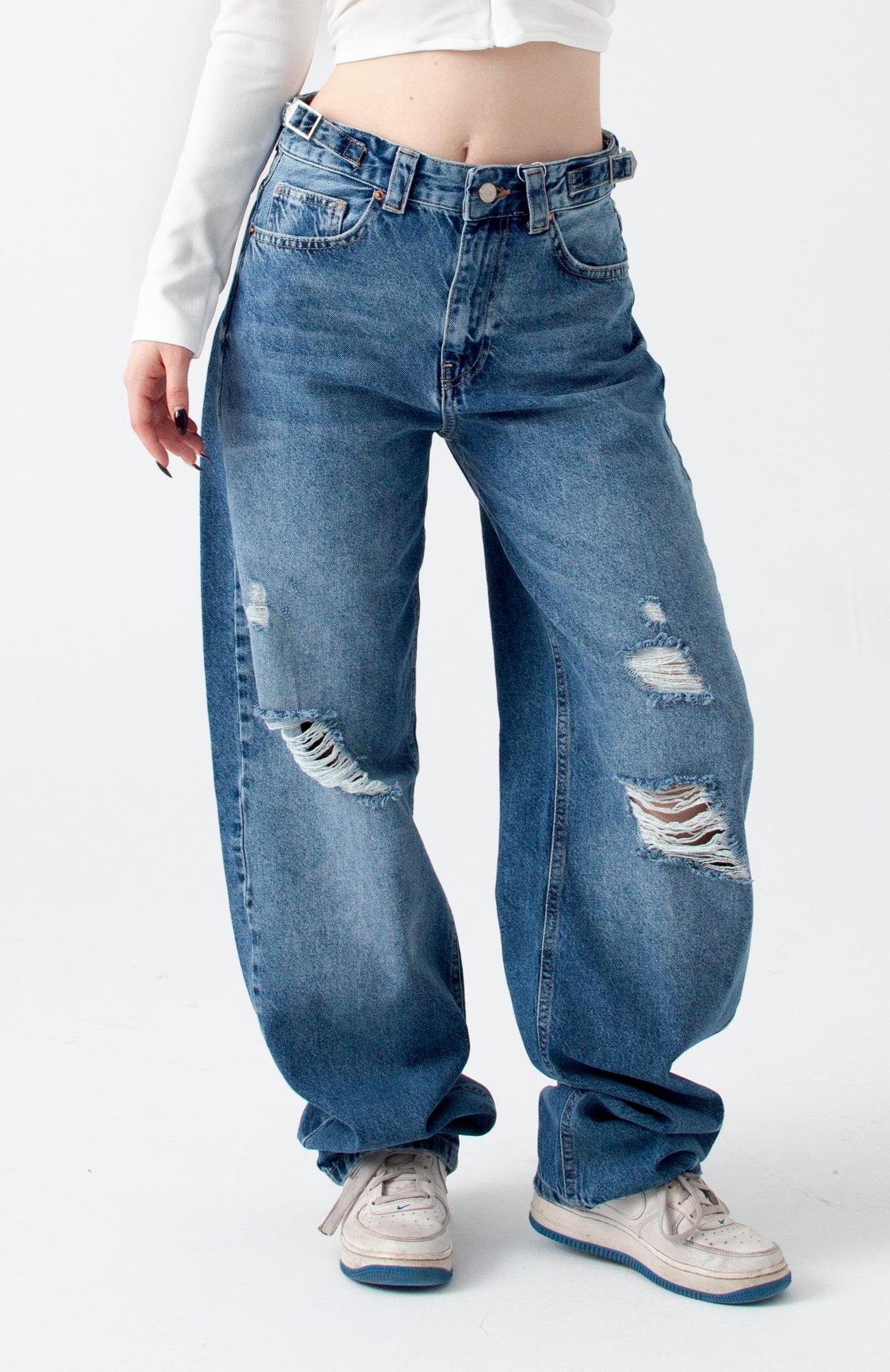 Mavi Yırtıklı Kemer Detay Wide Leg Jean