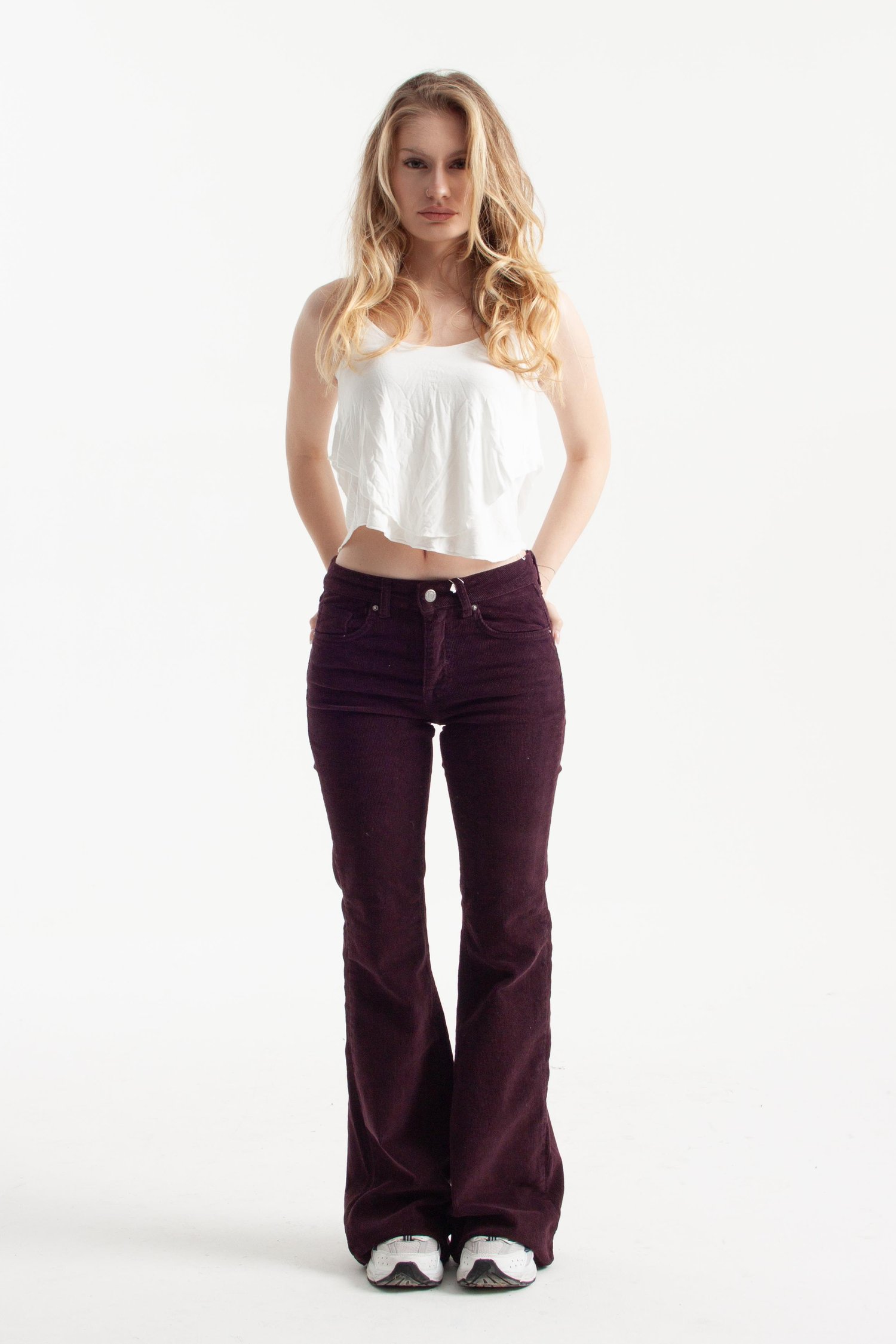Mor İnce Fitilli Kadife Kumaş Flare Jean