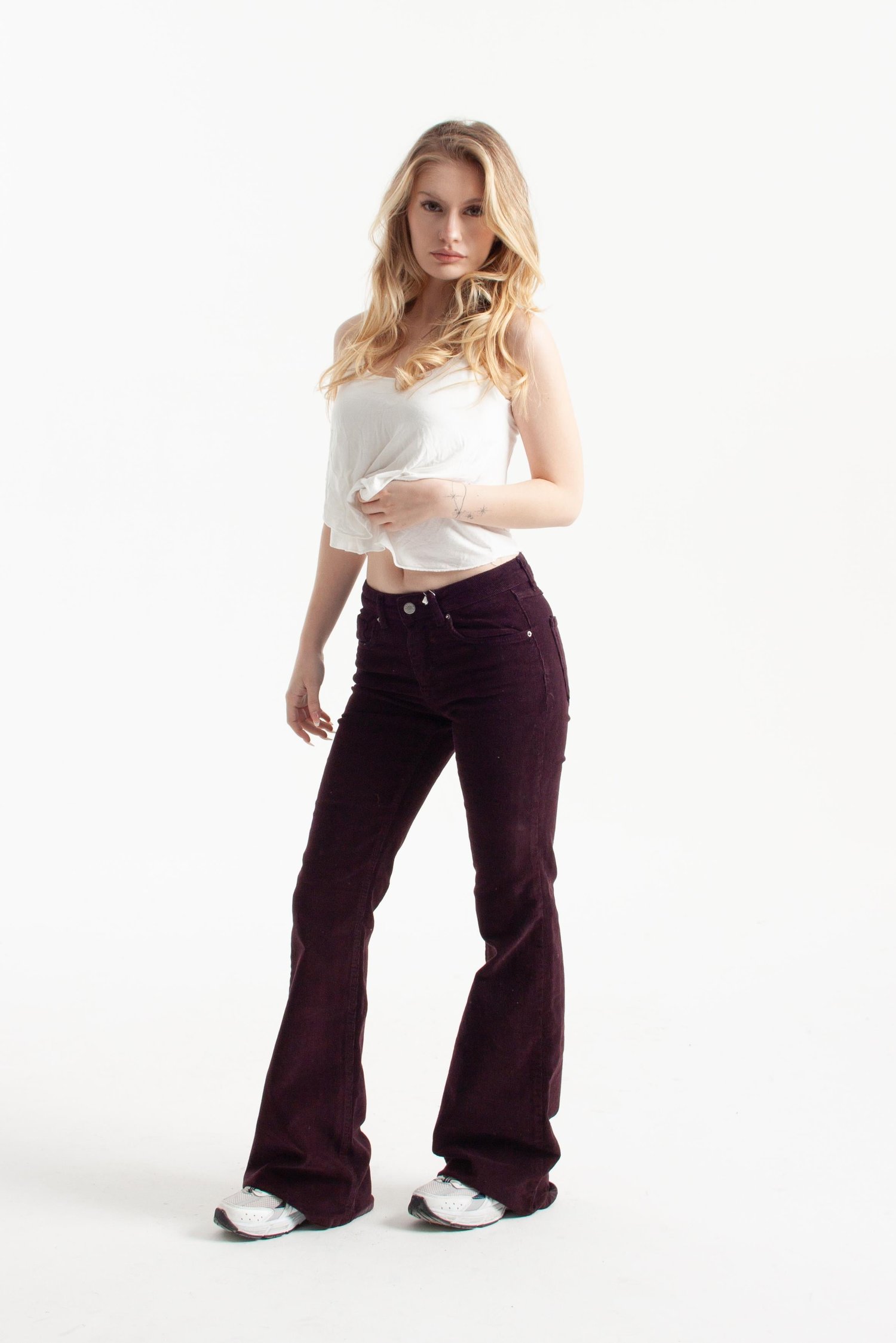 Mor İnce Fitilli Kadife Kumaş Flare Jean