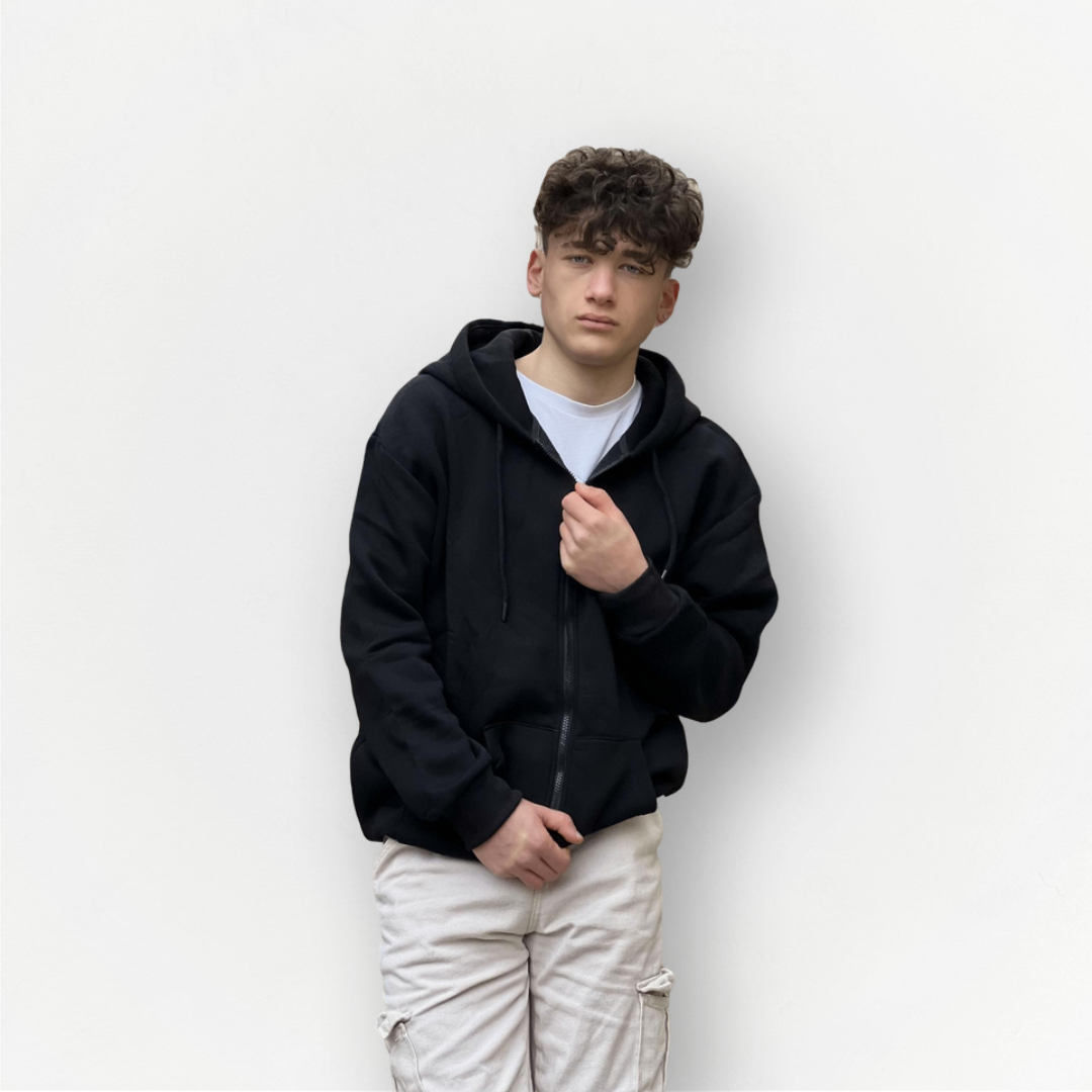 Siyah Basic Oversize Premium Zip Hoodie
