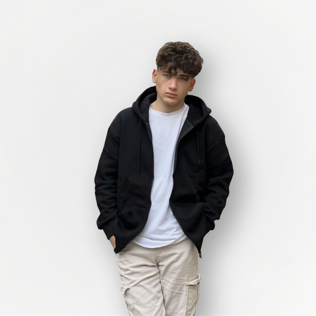 Siyah Basic Oversize Premium Zip Hoodie