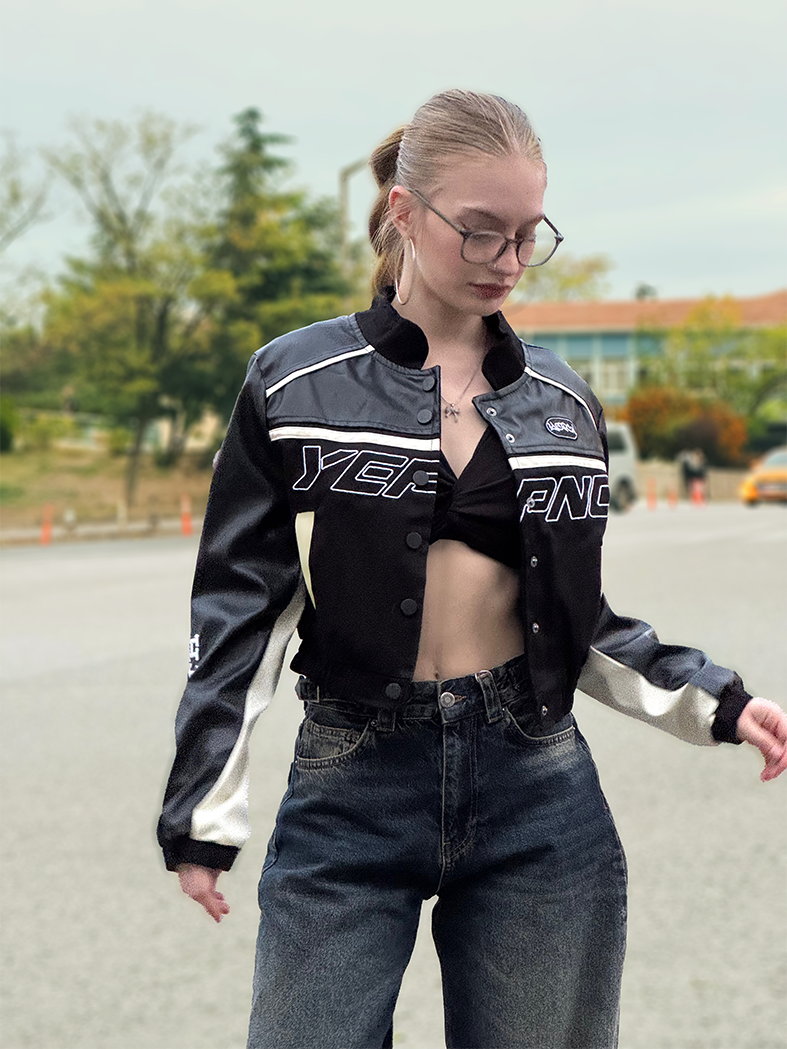 Siyah Crop Biker Ceket