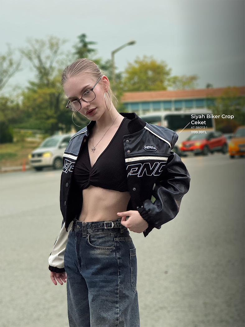 Siyah Crop Biker Ceket