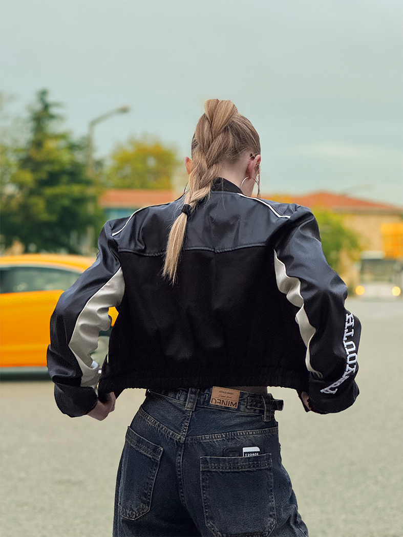 Siyah Crop Biker Ceket