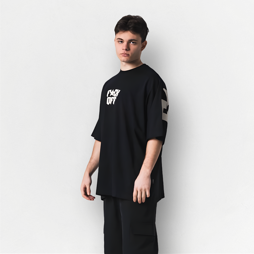 Siyah FUCK OFF Baskılı Unisex Oversize Tişört
