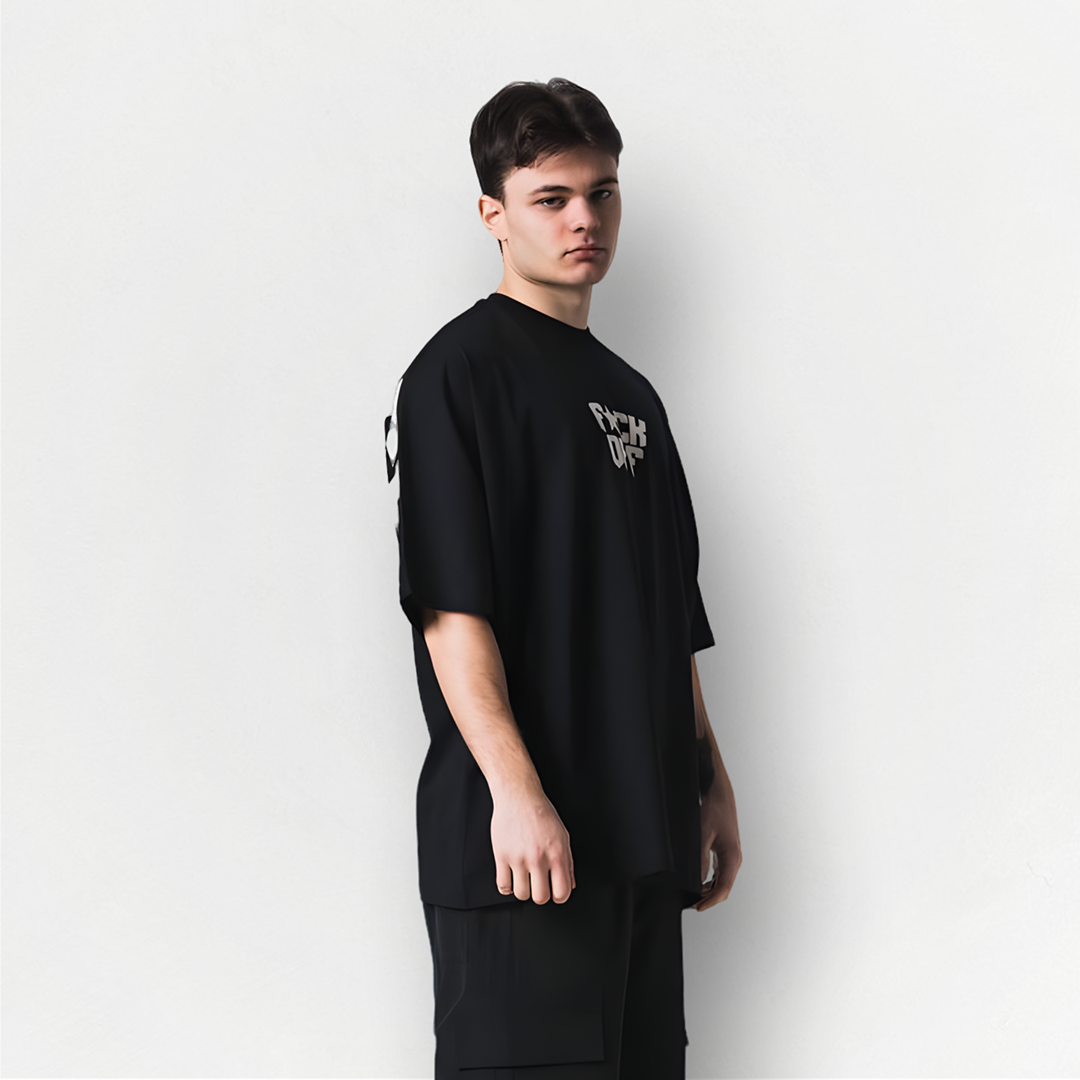 Siyah FUCK OFF Baskılı Unisex Oversize Tişört