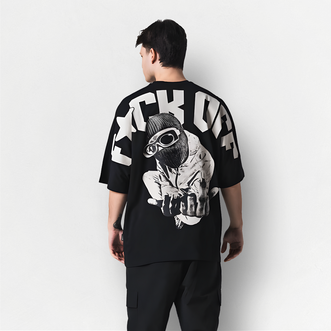 Siyah FUCK OFF Baskılı Unisex Oversize Tişört
