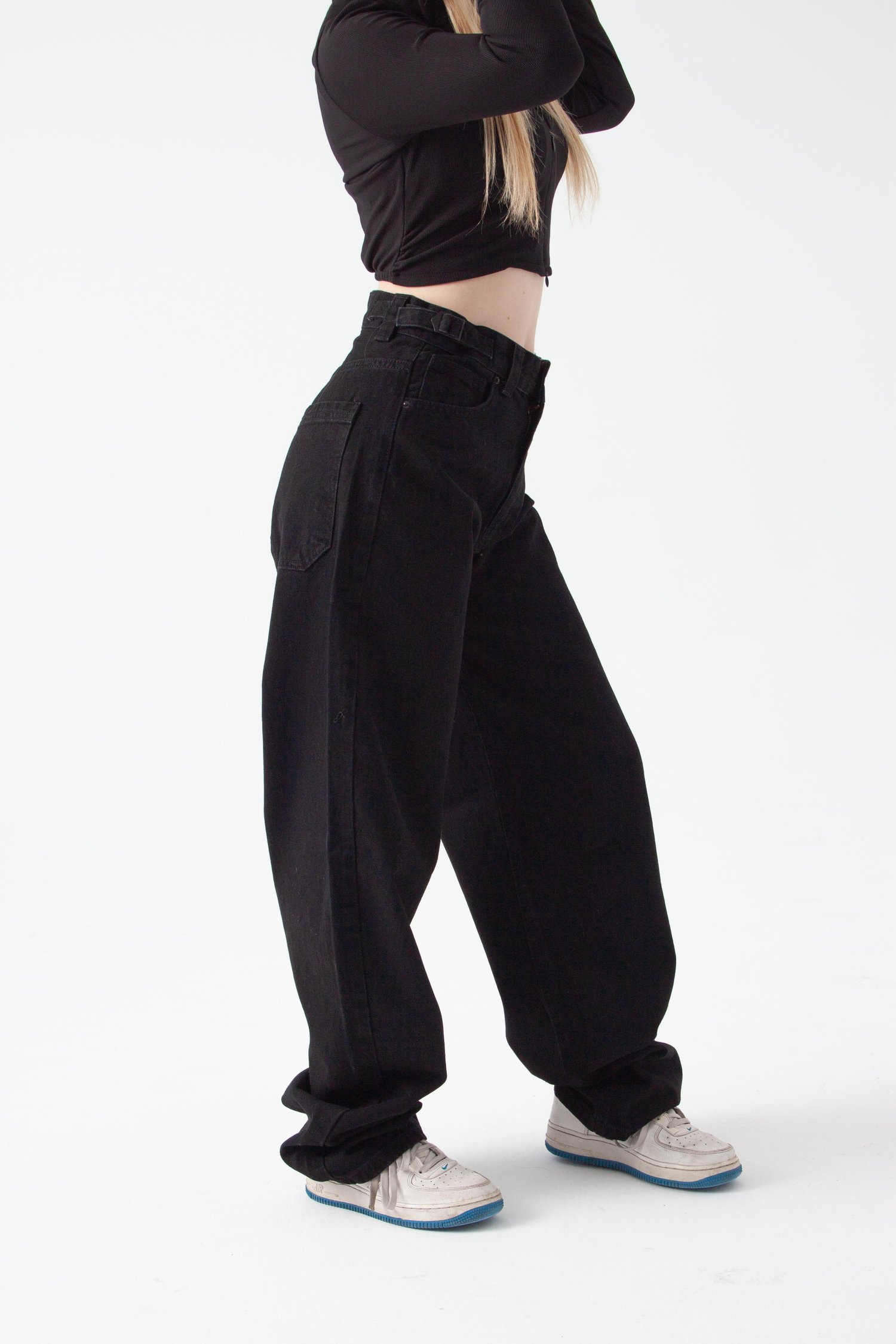 Siyah Kemer Detay Wide Leg Jean