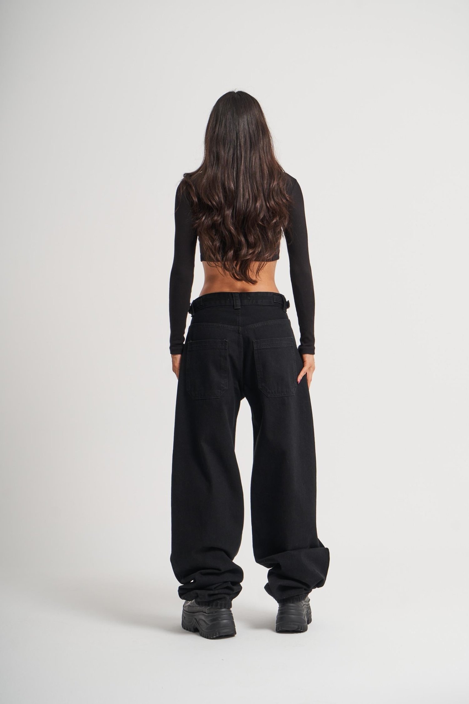 Siyah Kemer Detay Wide Leg Jean