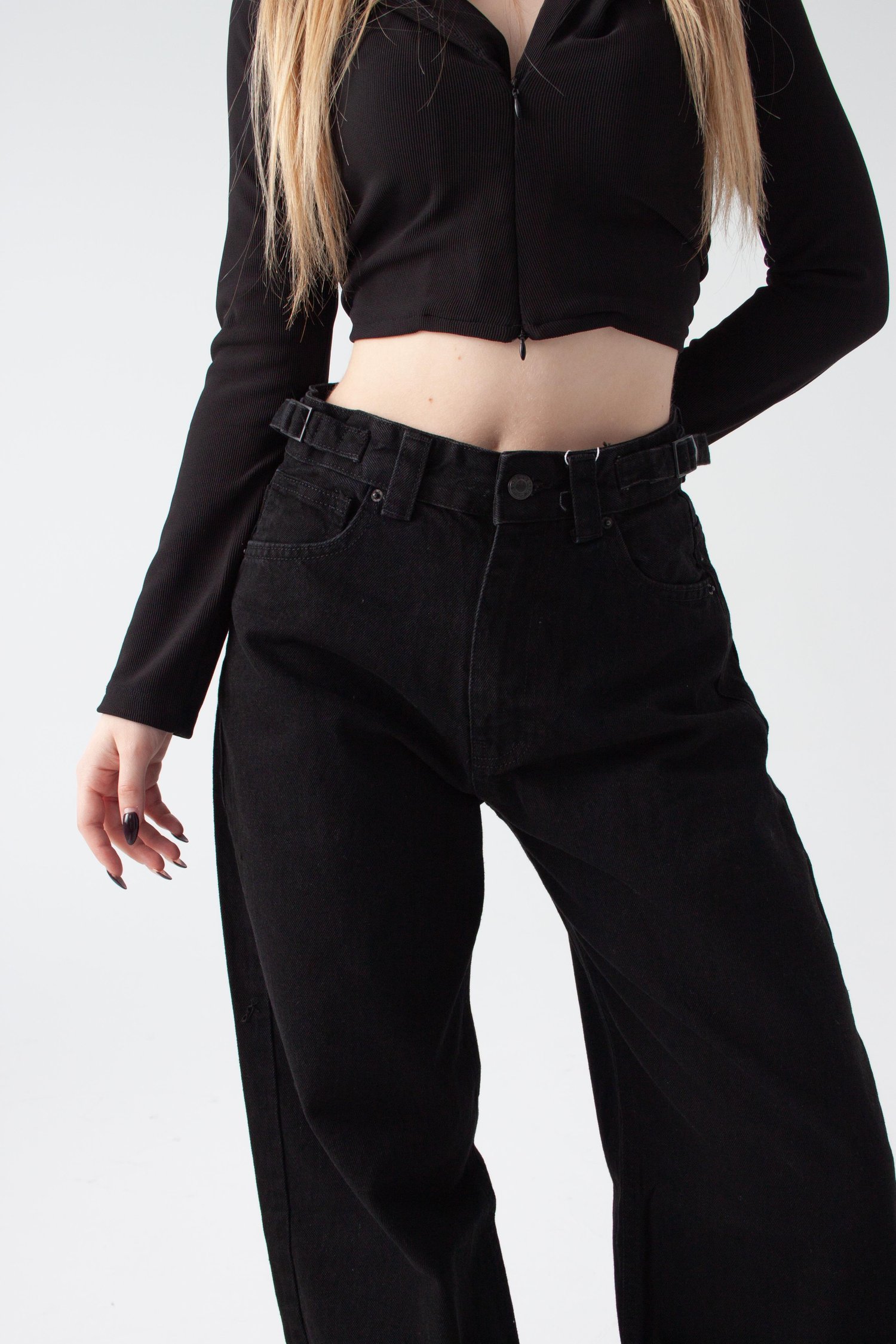 Siyah Kemer Detay Wide Leg Jean