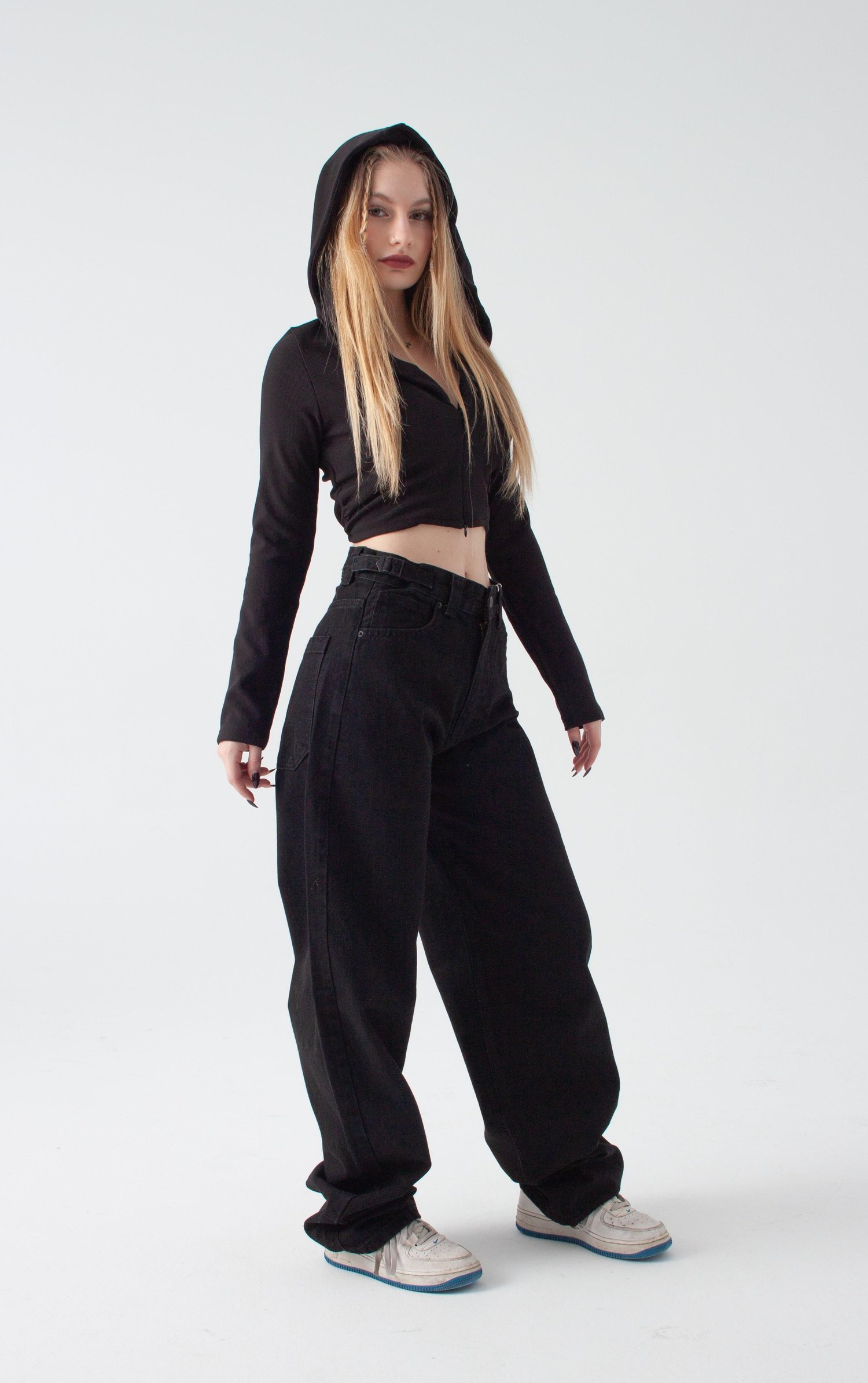 Siyah Kemer Detay Wide Leg Jean