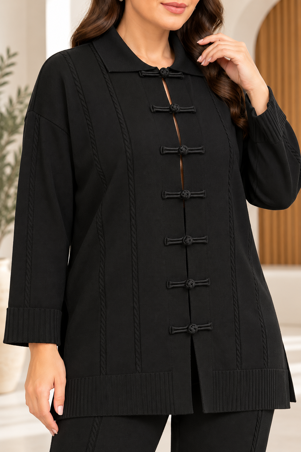 Büyük Beden Örgü Baskılı Merserize Takım Siyah