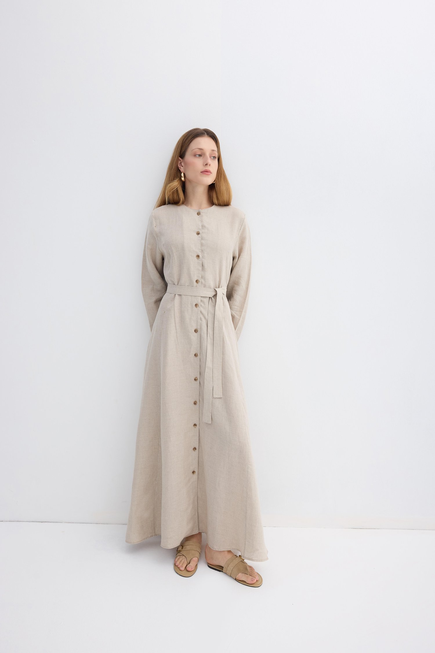 Natural Linen Düğmeli Elbise