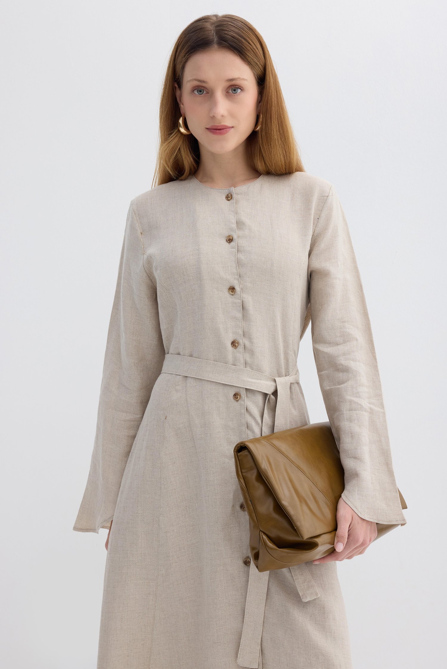Natural Linen Düğmeli Elbise