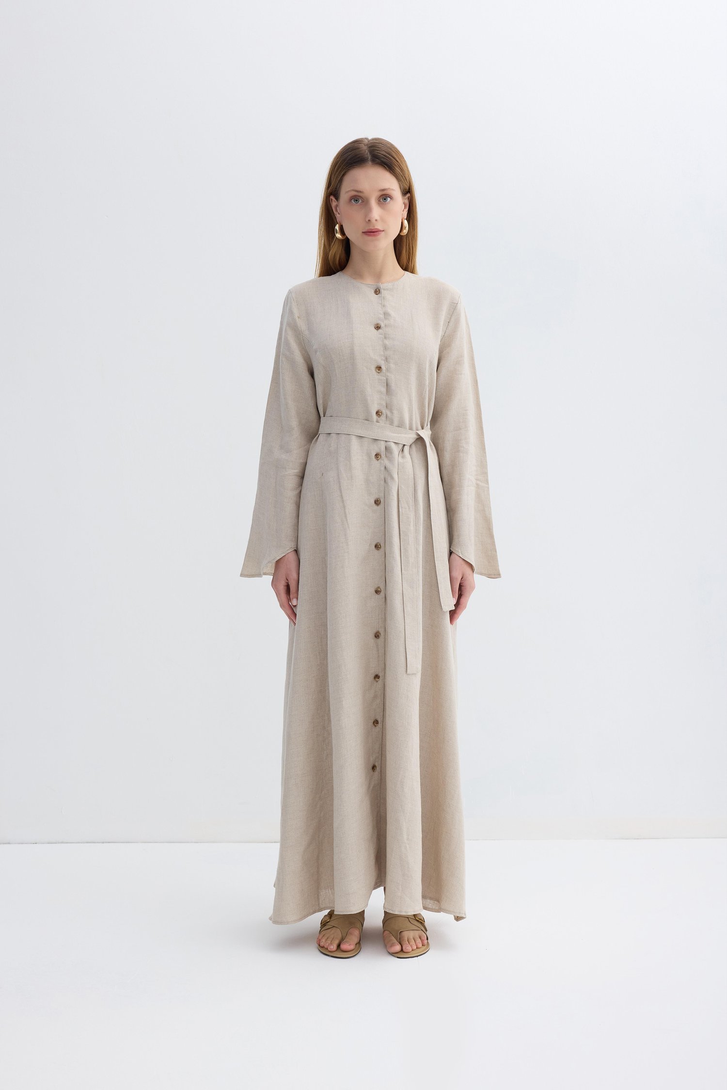 Natural Linen Düğmeli Elbise