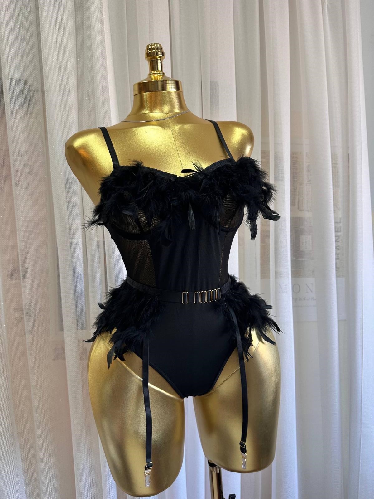 Midnight Feather Illusion Jartiyerli Bodysuit