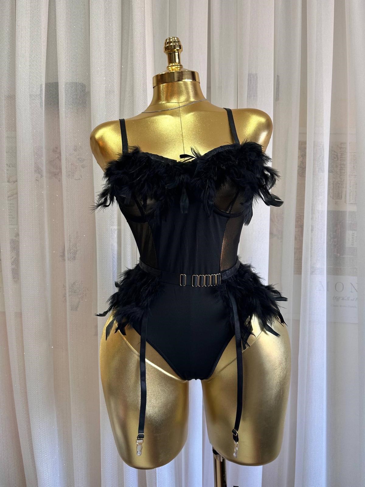 Midnight Feather Illusion Jartiyerli Bodysuit