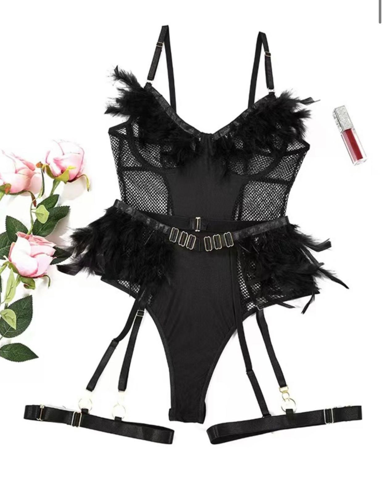 Midnight Feather Illusion Jartiyerli Bodysuit