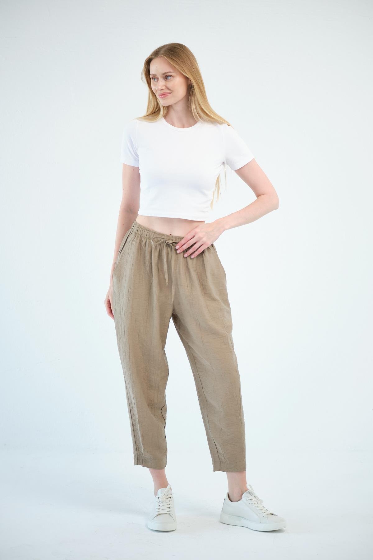 Busa Giyim Beli Bağcıklı Mom Fit Modal Pantolon HAKİ