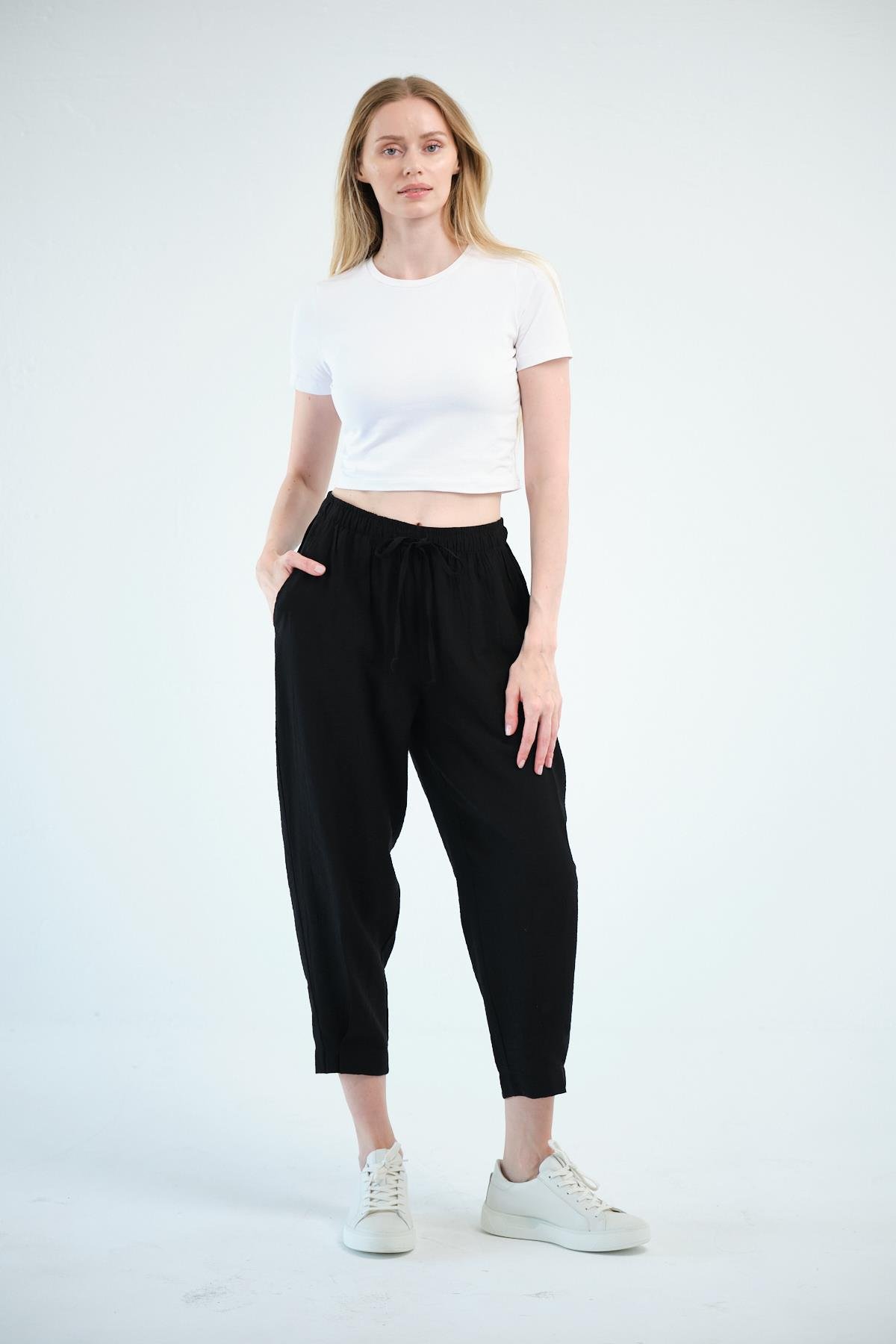 Busa Giyim Beli Bağcıklı Mom Fit Modal Pantolon SİYAH