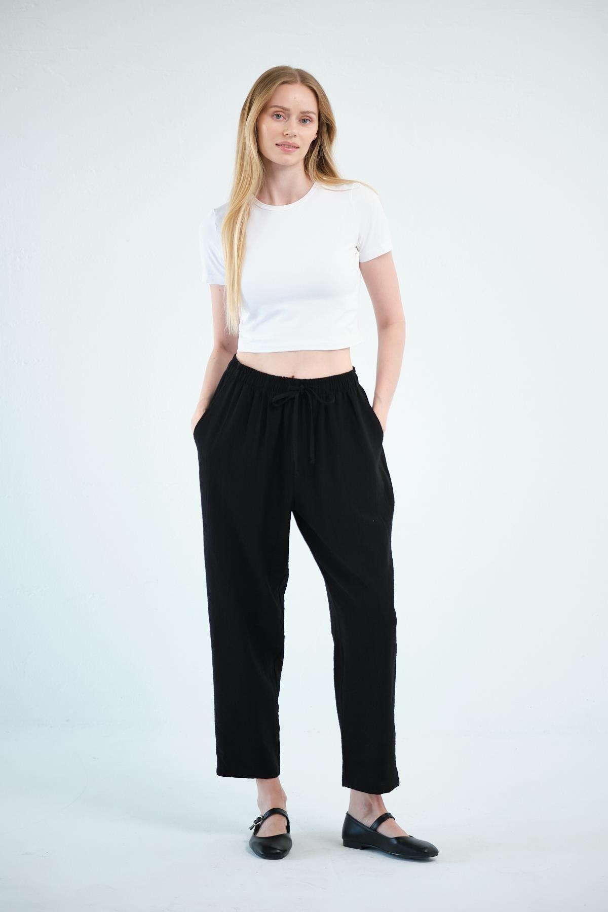 Busa Giyim Beli Bağcıklı Mom Fit Modal Pantolon SİYAH