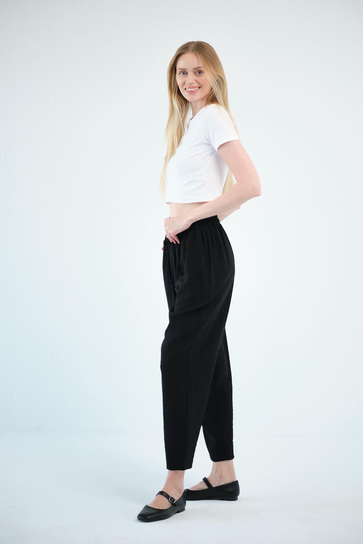 Busa Giyim Beli Bağcıklı Mom Fit Modal Pantolon SİYAH